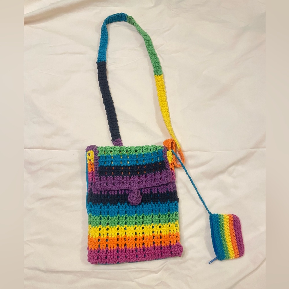 Small rainbow crochet knitted hippie bag with many coin holder‎ multicolor